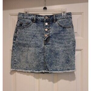KanCan Women's Jean Skirt Size Medium Denim Button Fly Cut Off 80s Stone Wash